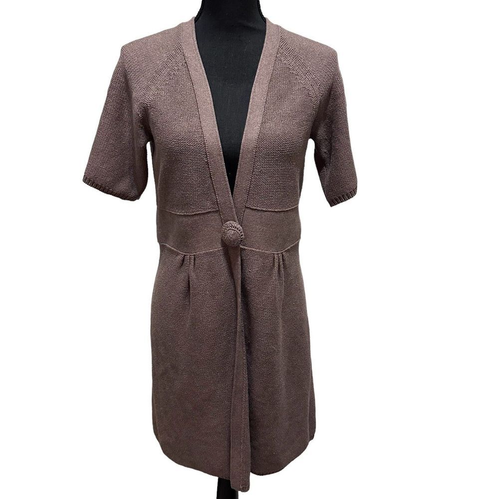 Kenji Womens Large Short Sleeve Cardigan Sweater Anthropologie Taupe - Picture 1 of 9